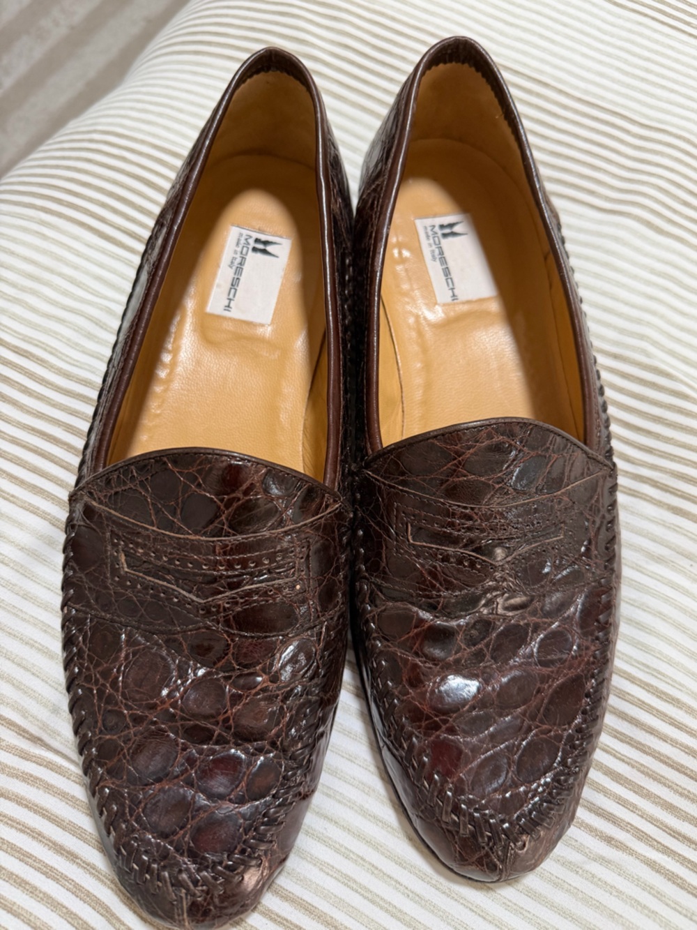 Moreschi Dark Brown Croc-Embossed Leather Slip-On Loafers